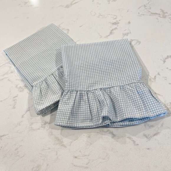 Vintage Set of 2  Pillowcases Blue White Gingham Check Ruffle 18.5" x 28" - Picture 1 of 7